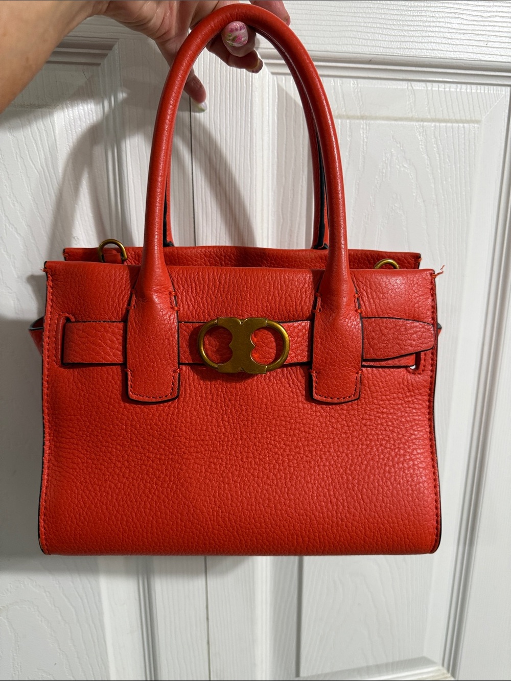 Tory Burch Orange Leather Top-Handle Satchel w/ Gold Hardware & crossbody strap.